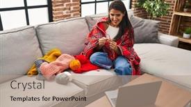  Presentation with sewing needle - Theme having young-hispanic-woman-sewing-using background and a coral colored foreground