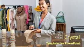  Presentation with confident young hispanic woman - Presentation theme featuring young-hispanic-woman-shopkeeper-smiling background and a violet colored foreground