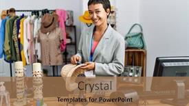  Presentation with confident young hispanic woman - Slide deck with young-hispanic-woman-shopkeeper-smiling background and a coral colored foreground