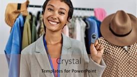  Presentation with confident young hispanic woman - Presentation design having young-hispanic-woman-shopkeeper-smiling background and a coral colored foreground