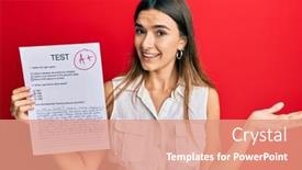  Presentation with exam - Cool new slide deck with young-hispanic-woman-showing backdrop and a coral colored foreground