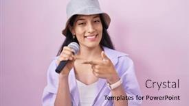  Presentation with microphone - Presentation theme featuring young-hispanic-woman-singing-song background and a lemonade colored foreground