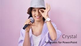  Presentation with microphone - PPT layouts consisting of young-hispanic-woman-singing-song background and a  colored foreground