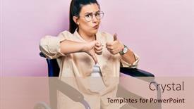  Presentation with wheelchair - Presentation theme enhanced with young-hispanic-woman-sitting background and a  colored foreground