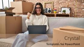  Presentation with home health care - PPT theme with young-hispanic-woman-sitting background and a coral colored foreground