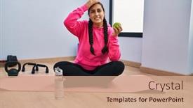  Presentation with yoga - PPT theme with young-hispanic-woman-sitting background and a coral colored foreground
