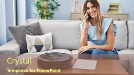  Presentation with standing sitting - PPT theme enhanced with young-hispanic-woman-sitting background and a coral colored foreground