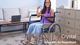 Presentation with wheelchair - Presentation design consisting of young-hispanic-woman-sitting background and a  colored foreground