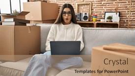  Presentation with home care - PPT theme having young-hispanic-woman-sitting background and a coral colored foreground