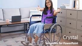  Presentation with wheelchair - PPT layouts having young-hispanic-woman-sitting background and a gray colored foreground