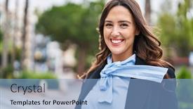  Presentation with confident young hispanic woman - PPT theme having young-hispanic-woman-smiling-confident background and a light blue colored foreground