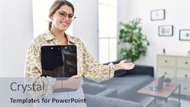  Presentation with confident young hispanic woman - Presentation theme having young-hispanic-woman-smiling-confident background and a light blue colored foreground