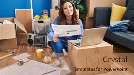  Presentation with confident young hispanic woman - PPT theme having young-hispanic-woman-smiling-confident background and a coral colored foreground
