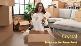  Presentation with confident young hispanic woman - PPT theme having young-hispanic-woman-smiling-confident background and a tawny brown colored foreground