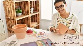  Presentation with confident young hispanic woman - Presentation design with young-hispanic-woman-smiling-confident background and a  colored foreground