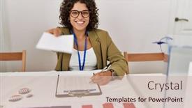  Presentation with vote - Slide deck having young-hispanic-woman-smiling-confident background and a soft green colored foreground
