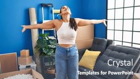  Presentation with breathing - Slide deck enhanced with young-hispanic-woman-smiling-confident background and a ocean colored foreground