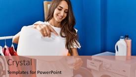  Presentation with laundry detergent - PPT layouts featuring young-hispanic-woman-smiling-confident background and a coral colored foreground