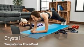  Presentation with exercise class - Presentation theme with young-hispanic-woman-smiling-confident background and a violet colored foreground