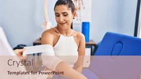  Presentation with bandaging - Slide set having young-hispanic-woman-smiling-confident background and a coral colored foreground