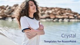  Presentation with breathing - PPT theme enhanced with young-hispanic-woman-smiling-confident background and a  colored foreground