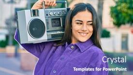  Presentation with listening woman - Presentation theme featuring young-hispanic-woman-smiling-happy background and a violet colored foreground