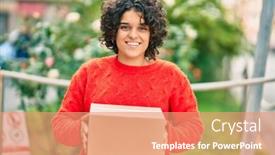  Presentation with deliver - Beautiful PPT theme featuring young-hispanic-woman-smiling-happy backdrop and a coral colored foreground
