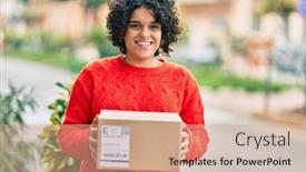  Presentation with deliver - Presentation theme featuring young-hispanic-woman-smiling-happy background and a coral colored foreground