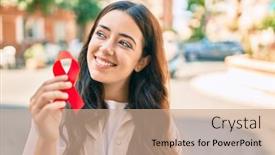  Presentation with red ribbon hiv - Presentation design featuring young-hispanic-woman-smiling-happy background and a coral colored foreground