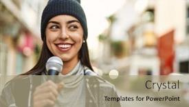 Presentation with hispanic - Presentation theme featuring young-hispanic-woman-smiling-happy background and a coral colored foreground