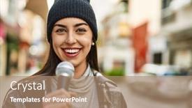  Presentation with microphone - Amazing theme having young-hispanic-woman-smiling-happy backdrop and a coral colored foreground