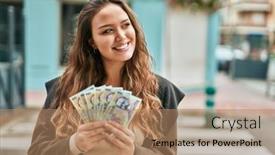  Presentation with hispanic - Presentation design enhanced with young-hispanic-woman-smiling-happy background and a coral colored foreground