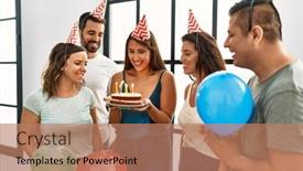  Presentation with happy birthday cake - Presentation theme enhanced with young-hispanic-woman-smiling-happy background and a  colored foreground