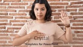 Presentation with hand palm - PPT theme with young-hispanic-woman-standing-over background and a  colored foreground