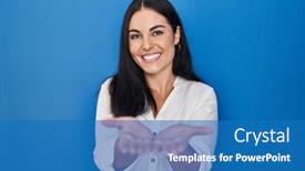  Presentation with hispanic - PPT theme featuring young-hispanic-woman-standing-over background and a teal colored foreground