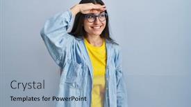  Presentation with far away - PPT theme enhanced with young-hispanic-woman-standing-over background and a light blue colored foreground