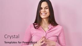  Presentation with optimistic - PPT layouts consisting of young-hispanic-woman-standing-over background and a coral colored foreground