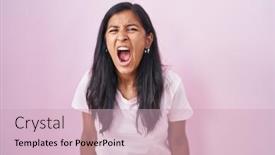  Presentation with anger - PPT theme with young-hispanic-woman-standing-over background and a soft green colored foreground