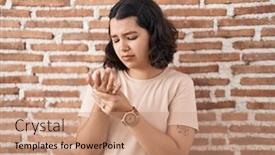  Presentation with arthritis - PPT theme having young-hispanic-woman-standing-over background and a coral colored foreground