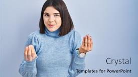  Presentation with salary - Slide deck with young-hispanic-woman-standing-over background and a light blue colored foreground