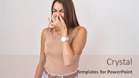  Presentation with bad breath - PPT layouts having young-hispanic-woman-standing-over background and a coral colored foreground