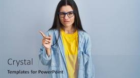  Presentation with forefinger - PPT layouts enhanced with young-hispanic-woman-standing-over background and a light blue colored foreground