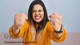  Presentation with hispanic - PPT theme having young-hispanic-woman-standing-over background and a gold colored foreground