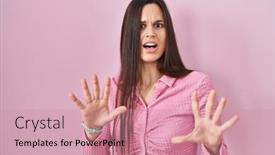 Presentation with panic - PPT theme having young-hispanic-woman-standing-over background and a coral colored foreground