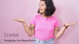  Presentation with comparison - Slide deck with young-hispanic-woman-standing-over background and a lemonade colored foreground