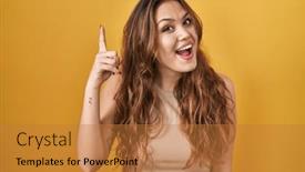  Presentation with hispanic - Presentation design enhanced with young-hispanic-woman-standing-over background and a gold colored foreground