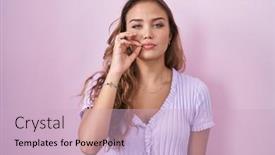  Presentation with lips mouth - Presentation design featuring young-hispanic-woman-standing-over background and a lemonade colored foreground