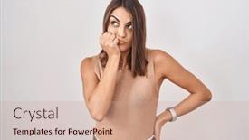  Presentation with anxiety - Presentation design featuring young-hispanic-woman-standing-over background and a coral colored foreground