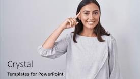  Presentation with great idea - Presentation design with young-hispanic-woman-standing-over background and a light gray colored foreground