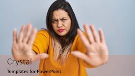  Presentation with frustration - Slides consisting of young-hispanic-woman-standing-over background and a gold colored foreground